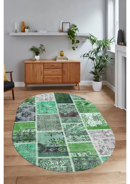 Dijital Kaymaz Yıkanabilir Patchwork Oval Yolluk Mutfak Salon Halısı, N-O-Patchwork-04-Yeşil,