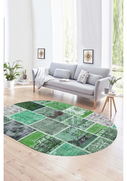 Dijital Kaymaz Yıkanabilir Patchwork Oval Yolluk Mutfak Salon Halısı, N-O-Patchwork-04-Yeşil,