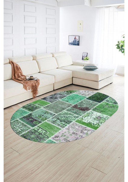 Dijital Kaymaz Yıkanabilir Patchwork Oval Yolluk Mutfak Salon Halısı, N-O-Patchwork-04-Yeşil,