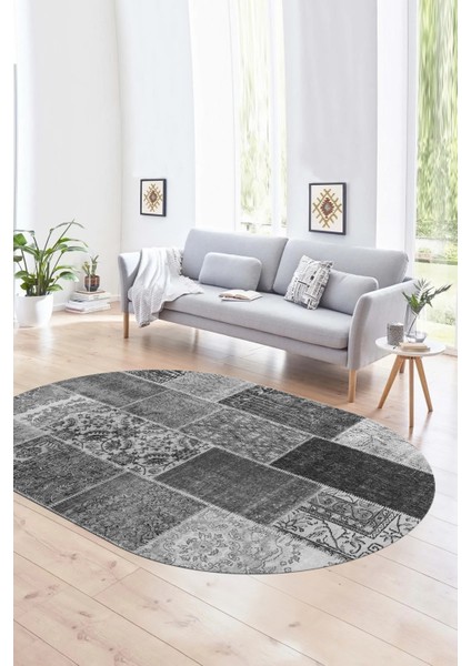 Dijital Kaymaz Yıkanabilir Patchwork Oval Yolluk Mutfak Salon Halısı, N-O-Patchwork-01-Gri, fırsatları