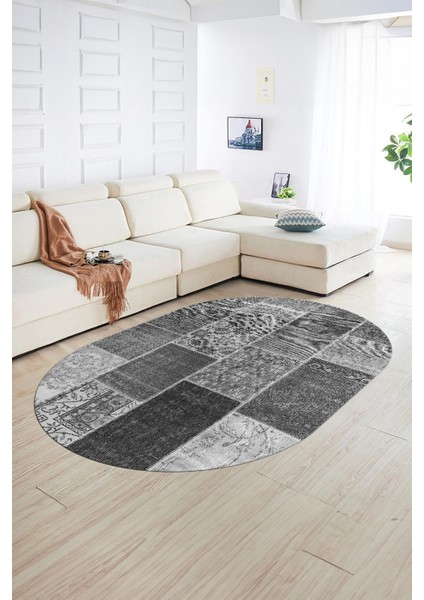 Dijital Kaymaz Yıkanabilir Patchwork Oval Yolluk Mutfak Salon Halısı, N-O-Patchwork-01-Gri, indirimleri