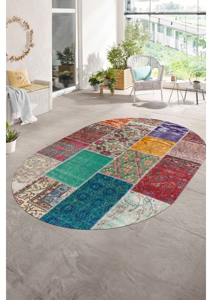 Dijital Kaymaz Yıkanabilir Patchwork Oval Yolluk Mutfak Salon Halısı, N-O-Patchwork-01-Renkli,