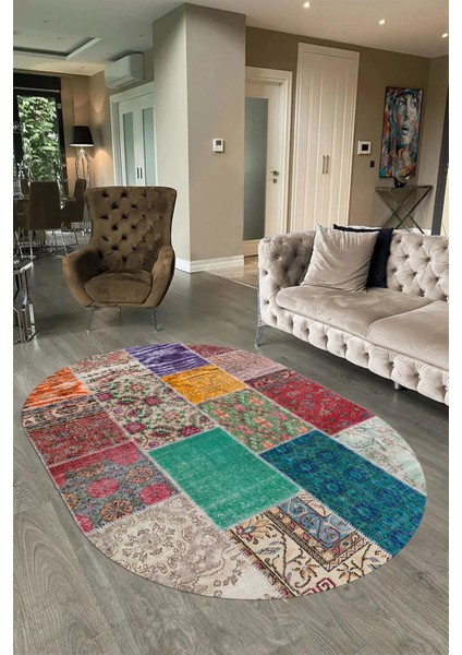 Dijital Kaymaz Yıkanabilir Patchwork Oval Yolluk Mutfak Salon Halısı, N-O-Patchwork-01-Renkli,