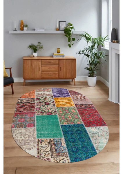 Dijital Kaymaz Yıkanabilir Patchwork Oval Yolluk Mutfak Salon Halısı, N-O-Patchwork-01-Renkli,