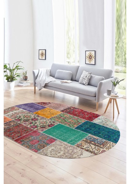 Dijital Kaymaz Yıkanabilir Patchwork Oval Yolluk Mutfak Salon Halısı, N-O-Patchwork-01-Renkli,