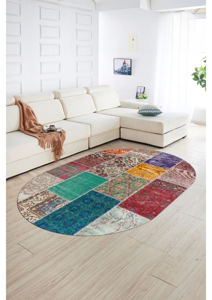 Dijital Kaymaz Yıkanabilir Patchwork Oval Yolluk Mutfak Salon Halısı, N-O-Patchwork-01-Renkli,