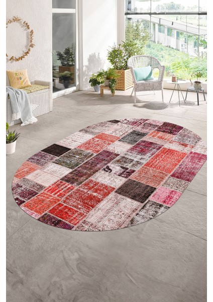 Dijital Kaymaz Yıkanabilir Patchwork Oval Yolluk Mutfak Salon Halısı, N-O-Patchwork-03-Kırmızı,