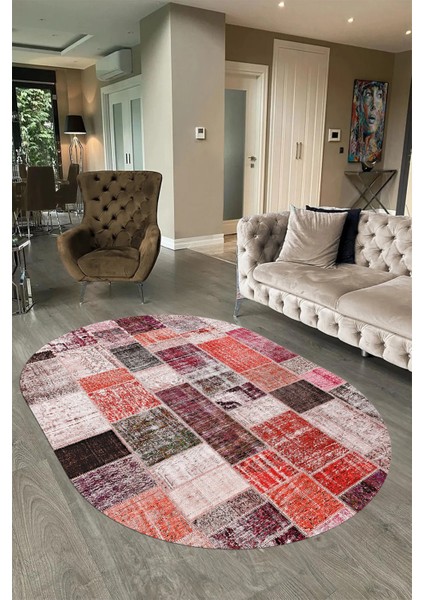 Dijital Kaymaz Yıkanabilir Patchwork Oval Yolluk Mutfak Salon Halısı, N-O-Patchwork-03-Kırmızı, fiyatları