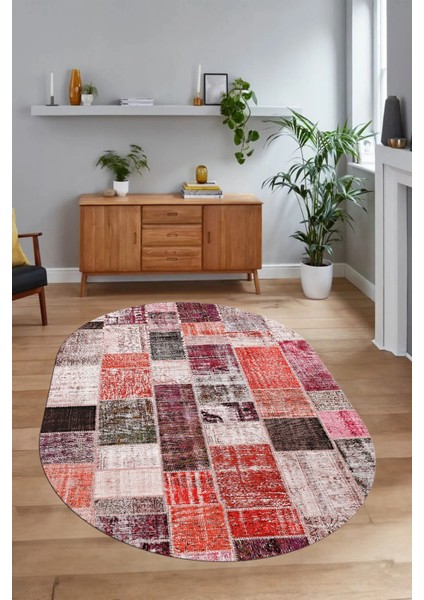 Dijital Kaymaz Yıkanabilir Patchwork Oval Yolluk Mutfak Salon Halısı, N-O-Patchwork-03-Kırmızı, modelleri