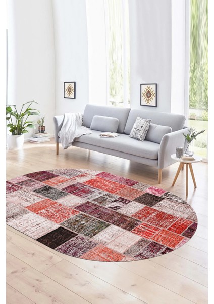 Dijital Kaymaz Yıkanabilir Patchwork Oval Yolluk Mutfak Salon Halısı, N-O-Patchwork-03-Kırmızı, fırsatları
