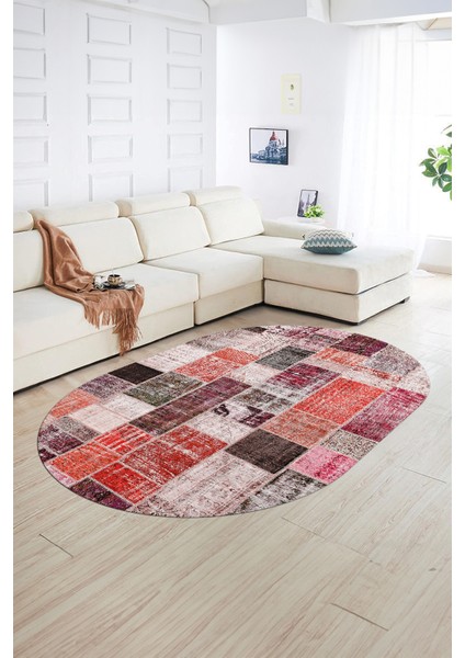 Dijital Kaymaz Yıkanabilir Patchwork Oval Yolluk Mutfak Salon Halısı, N-O-Patchwork-03-Kırmızı, indirimleri