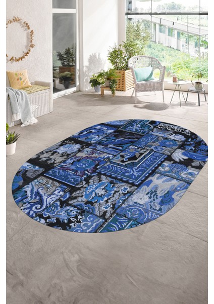 Dijital Kaymaz Yıkanabilir Patchwork Oval Yolluk Mutfak Salon Halısı, N-O-Patchwork-12-Mavi,