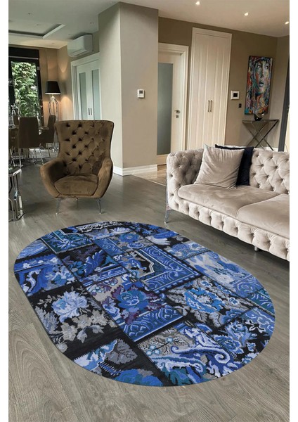 Dijital Kaymaz Yıkanabilir Patchwork Oval Yolluk Mutfak Salon Halısı, N-O-Patchwork-12-Mavi, fiyatları