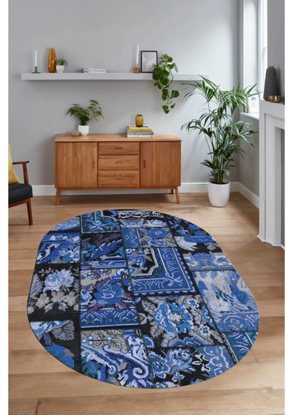 Dijital Kaymaz Yıkanabilir Patchwork Oval Yolluk Mutfak Salon Halısı, N-O-Patchwork-12-Mavi, modelleri