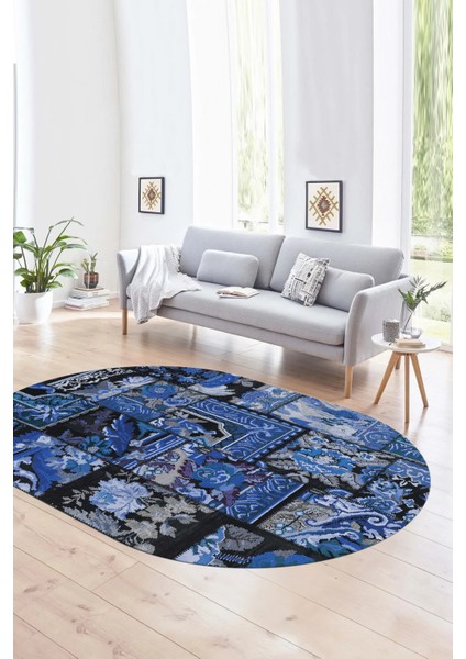 Dijital Kaymaz Yıkanabilir Patchwork Oval Yolluk Mutfak Salon Halısı, N-O-Patchwork-12-Mavi, fırsatları