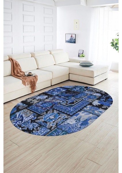 Dijital Kaymaz Yıkanabilir Patchwork Oval Yolluk Mutfak Salon Halısı, N-O-Patchwork-12-Mavi, indirimleri