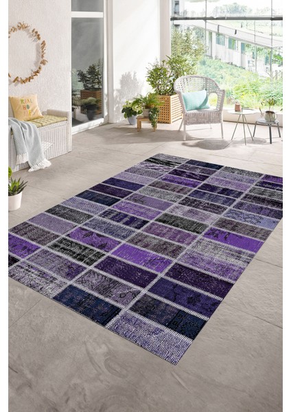 Dijital Baskı Kaymaz Taban Yıkanabilir Patchwork Yolluk Mutfak Salon Halısı, N-Patchwork-09-Mor,