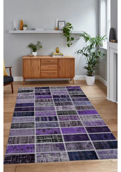 Dijital Baskı Kaymaz Taban Yıkanabilir Patchwork Yolluk Mutfak Salon Halısı, N-Patchwork-09-Mor, modelleri