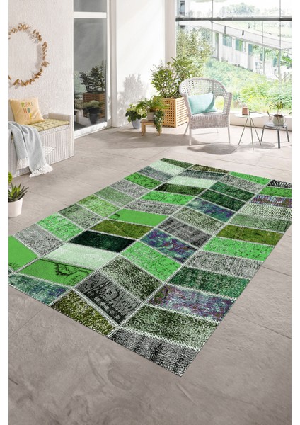 Dijital Baskı Kaymaz Taban Yıkanabilir Patchwork Yolluk Mutfak Salon Halısı, N-Patchwork-10-Yeşil,