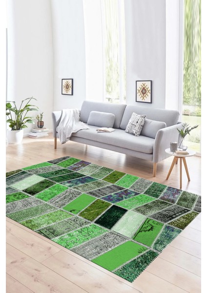 Dijital Baskı Kaymaz Taban Yıkanabilir Patchwork Yolluk Mutfak Salon Halısı, N-Patchwork-10-Yeşil, fırsatları