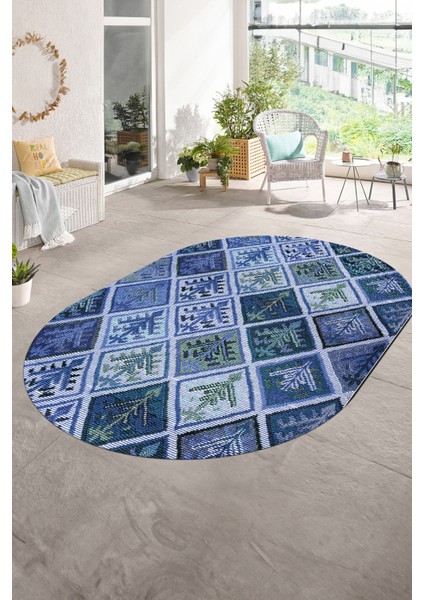 Dijital Kaymaz Yıkanabilir Patchwork Oval Yolluk Mutfak Salon Halısı, N-O-Patchwork-08-Mavi,