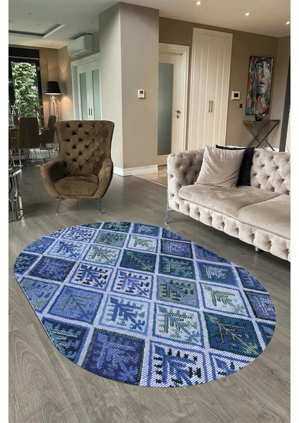 Dijital Kaymaz Yıkanabilir Patchwork Oval Yolluk Mutfak Salon Halısı, N-O-Patchwork-08-Mavi, fiyatları