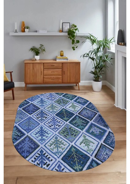 Dijital Kaymaz Yıkanabilir Patchwork Oval Yolluk Mutfak Salon Halısı, N-O-Patchwork-08-Mavi, modelleri