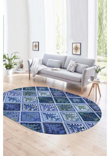 Dijital Kaymaz Yıkanabilir Patchwork Oval Yolluk Mutfak Salon Halısı, N-O-Patchwork-08-Mavi, fırsatları
