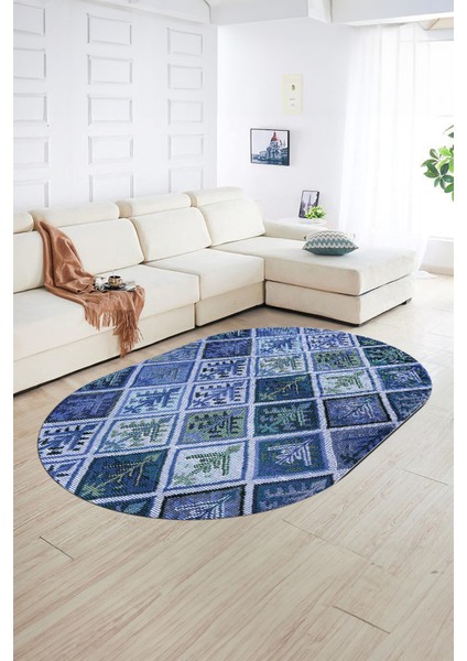 Dijital Kaymaz Yıkanabilir Patchwork Oval Yolluk Mutfak Salon Halısı, N-O-Patchwork-08-Mavi, indirimleri