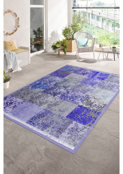 Dijital Baskı Kaymaz Taban Yıkanabilir Patchwork Yolluk Mutfak Salon Halısı, N-Patchwork-17-Mavi,