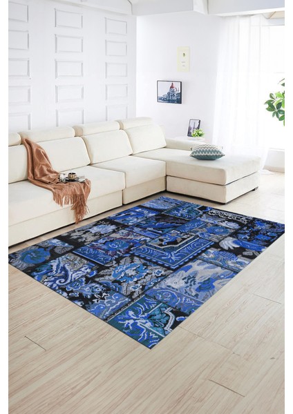 Dijital Baskı Kaymaz Taban Yıkanabilir Patchwork Yolluk Mutfak Salon Halısı, N-Patchwork-12-Mavi, indirimleri