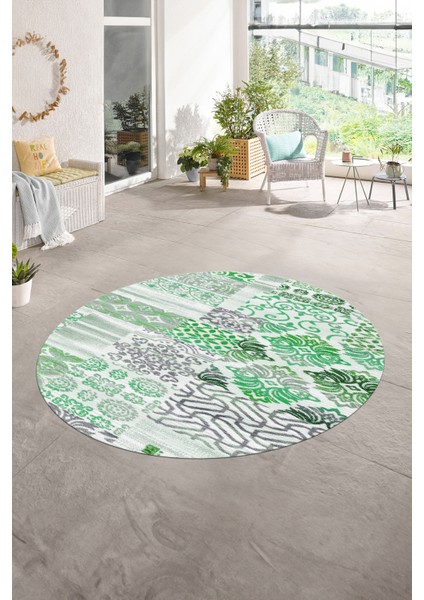 Dijital Kaymaz Yıkanabilir Patchwork Yuvarlak Balkon Mutfak Salon Halısı, N-Y-Patchwork-02-Yeşil,