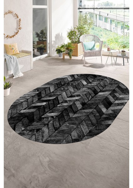 Dijital Kaymaz Yıkanabilir Patchwork Oval Yolluk Mutfak Salon Halısı, N-O-Patchwork-13-Antrasit,