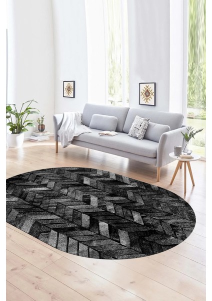 Dijital Kaymaz Yıkanabilir Patchwork Oval Yolluk Mutfak Salon Halısı, N-O-Patchwork-13-Antrasit,