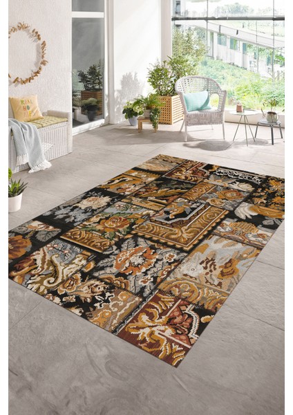 Dijital Baskı Kaymaz Taban Yıkanabilir Patchwork Yolluk Mutfak Salon Halısı, N-Patchwork-12-Kahve,