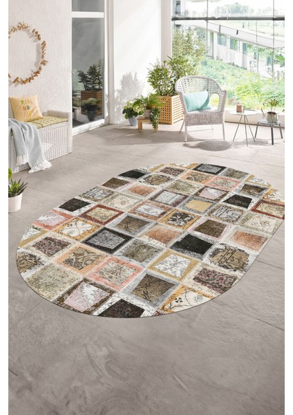 Dijital Kaymaz Yıkanabilir Patchwork Oval Yolluk Mutfak Salon Halısı, N-O-Patchwork-14-Kahve,