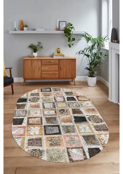 Dijital Kaymaz Yıkanabilir Patchwork Oval Yolluk Mutfak Salon Halısı, N-O-Patchwork-14-Kahve,