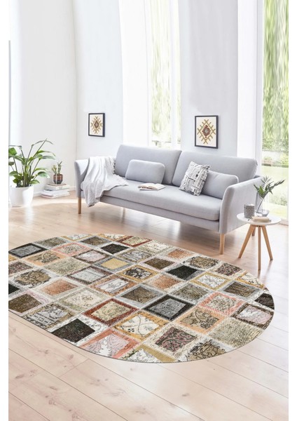 Dijital Kaymaz Yıkanabilir Patchwork Oval Yolluk Mutfak Salon Halısı, N-O-Patchwork-14-Kahve,