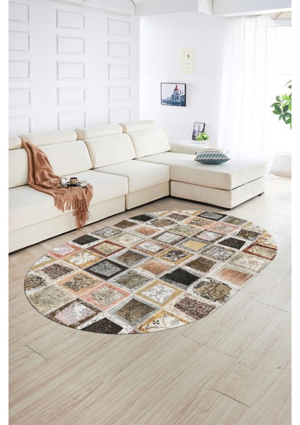 Dijital Kaymaz Yıkanabilir Patchwork Oval Yolluk Mutfak Salon Halısı, N-O-Patchwork-14-Kahve,