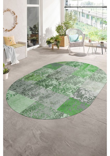 Dijital Kaymaz Yıkanabilir Patchwork Oval Yolluk Mutfak Salon Halısı, N-O-Patchwork-17-Yeşil,