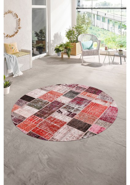 Dijital Kaymaz Yıkanabilir Patchwork Yuvarlak Balkon Mutfak Salon Halısı, N-Y-Patchwork-03-Kırmızı,