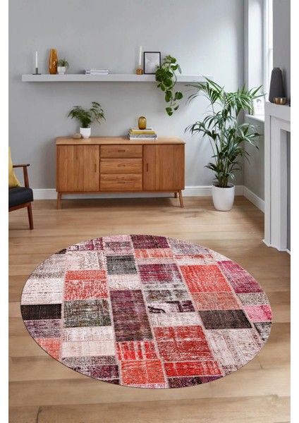 Dijital Kaymaz Yıkanabilir Patchwork Yuvarlak Balkon Mutfak Salon Halısı, N-Y-Patchwork-03-Kırmızı, modelleri