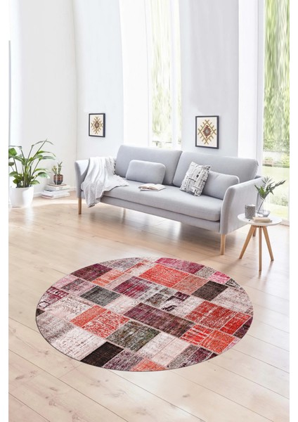 Dijital Kaymaz Yıkanabilir Patchwork Yuvarlak Balkon Mutfak Salon Halısı, N-Y-Patchwork-03-Kırmızı, fırsatları