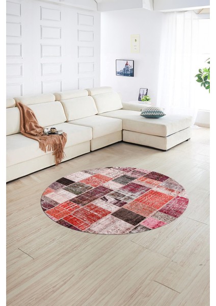 Dijital Kaymaz Yıkanabilir Patchwork Yuvarlak Balkon Mutfak Salon Halısı, N-Y-Patchwork-03-Kırmızı, indirimleri