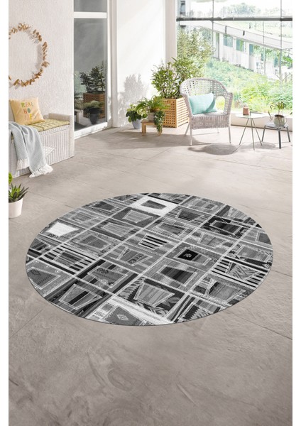 Dijital Kaymaz Yıkanabilir Patchwork Yuvarlak Balkon Mutfak Salon Halısı, N-Y-Patchwork-11-Gri,