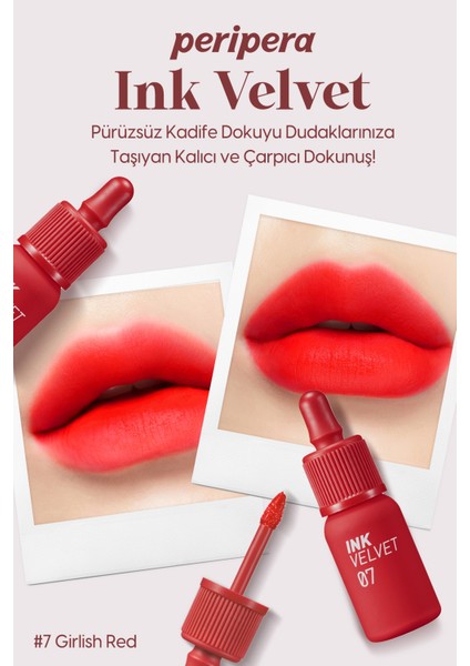 Yüksek Pigmentli, Kadife Görünümlü, Gün Boyu Kalıcı Tint Peripera Ink Velvet (7 Girlish Red)