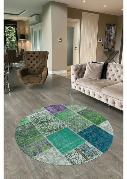Dijital Kaymaz Yıkanabilir Patchwork Yuvarlak Balkon Mutfak Salon Halısı, N-Y-Patchwork-01-Yeşil, fiyatları