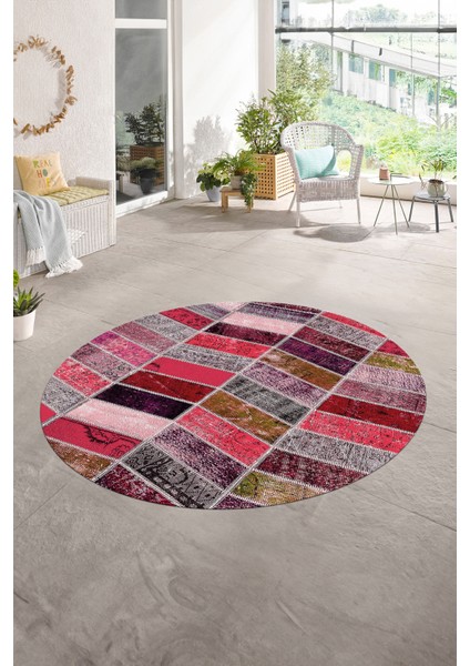Dijital Kaymaz Yıkanabilir Patchwork Yuvarlak Balkon Mutfak Salon Halısı, N-Y-Patchwork-10-Kırmızı,