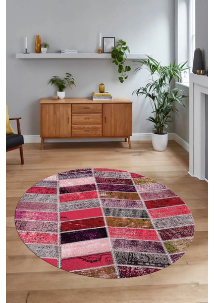 Dijital Kaymaz Yıkanabilir Patchwork Yuvarlak Balkon Mutfak Salon Halısı, N-Y-Patchwork-10-Kırmızı, modelleri