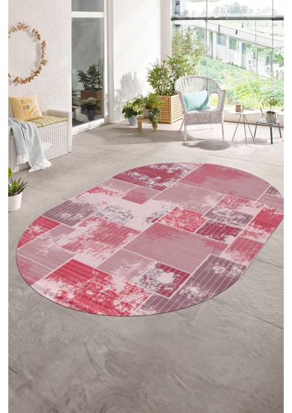 Dijital Kaymaz Yıkanabilir Patchwork Oval Yolluk Mutfak Salon Halısı, N-O-Patchwork-20-Kırmızı,